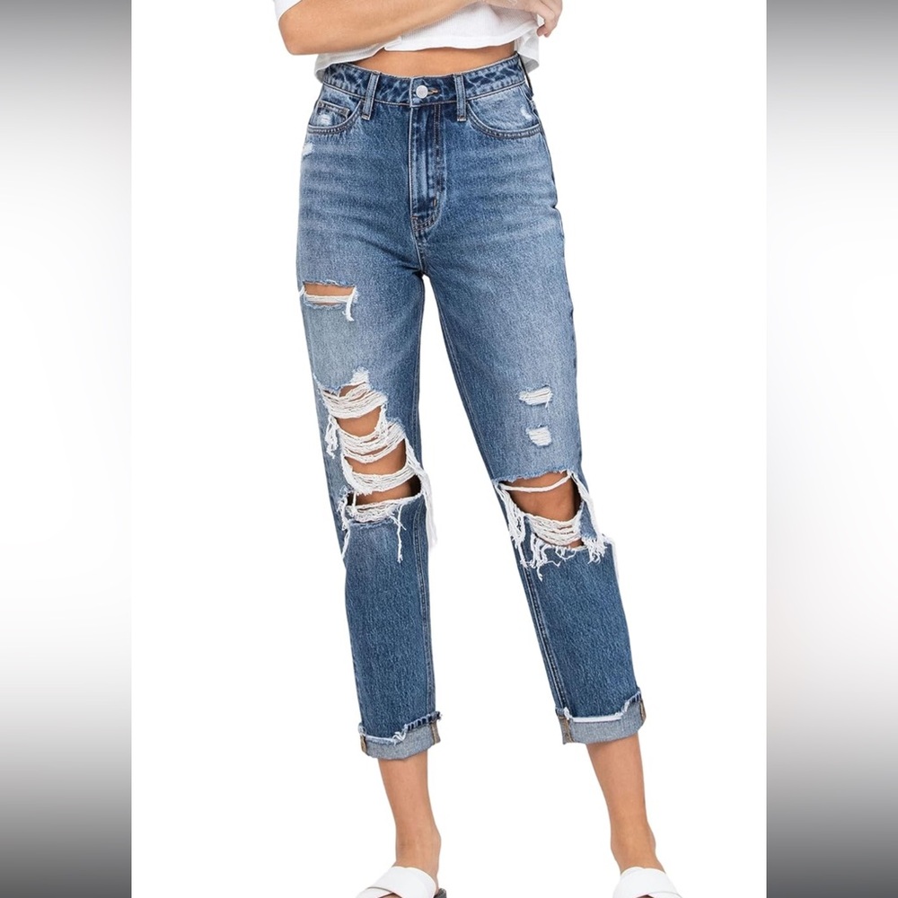 VERVET by Flying Monkey Distressed Cuffed MOM Jean, Medium Blue